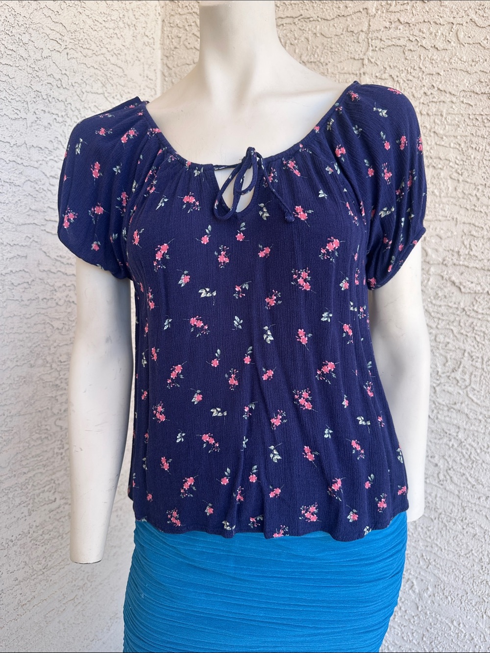 Mudd Navy Floral Tie-Front Peasant Blouse